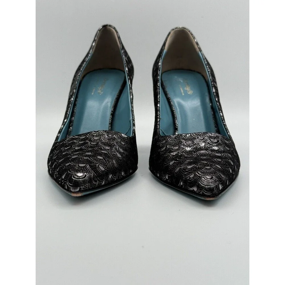 Valentina Rangoni Vintage Black Metallic Pumps 7.5M Pointed Toe Made Italy